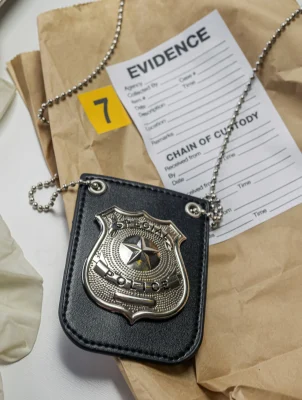 drug-bag-next-to-police-badge-in-crime-lab-concep-2025-03-09-21-28-46-utc